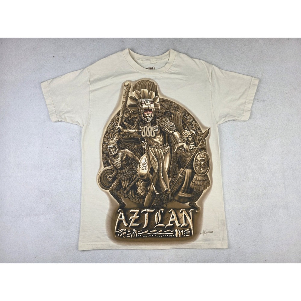 DGA‎ Aztlan Aztec Warrior Mayan Calander Tan Shirt Men's M 2022 Gonzales *READ*